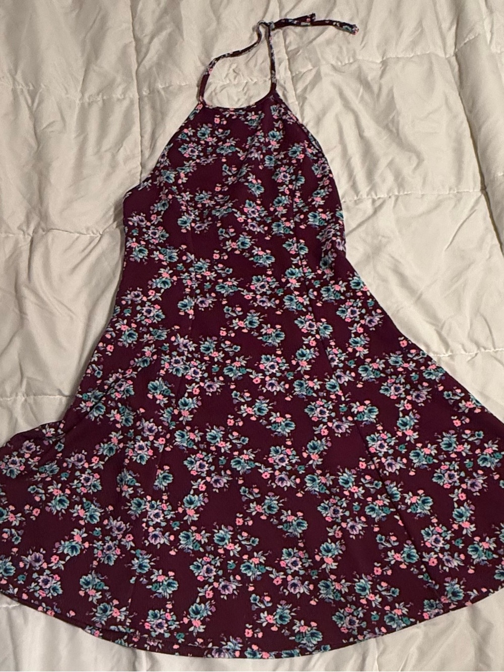 SO Floral Halter Dress in Burgundy with Teal & Pink Accents